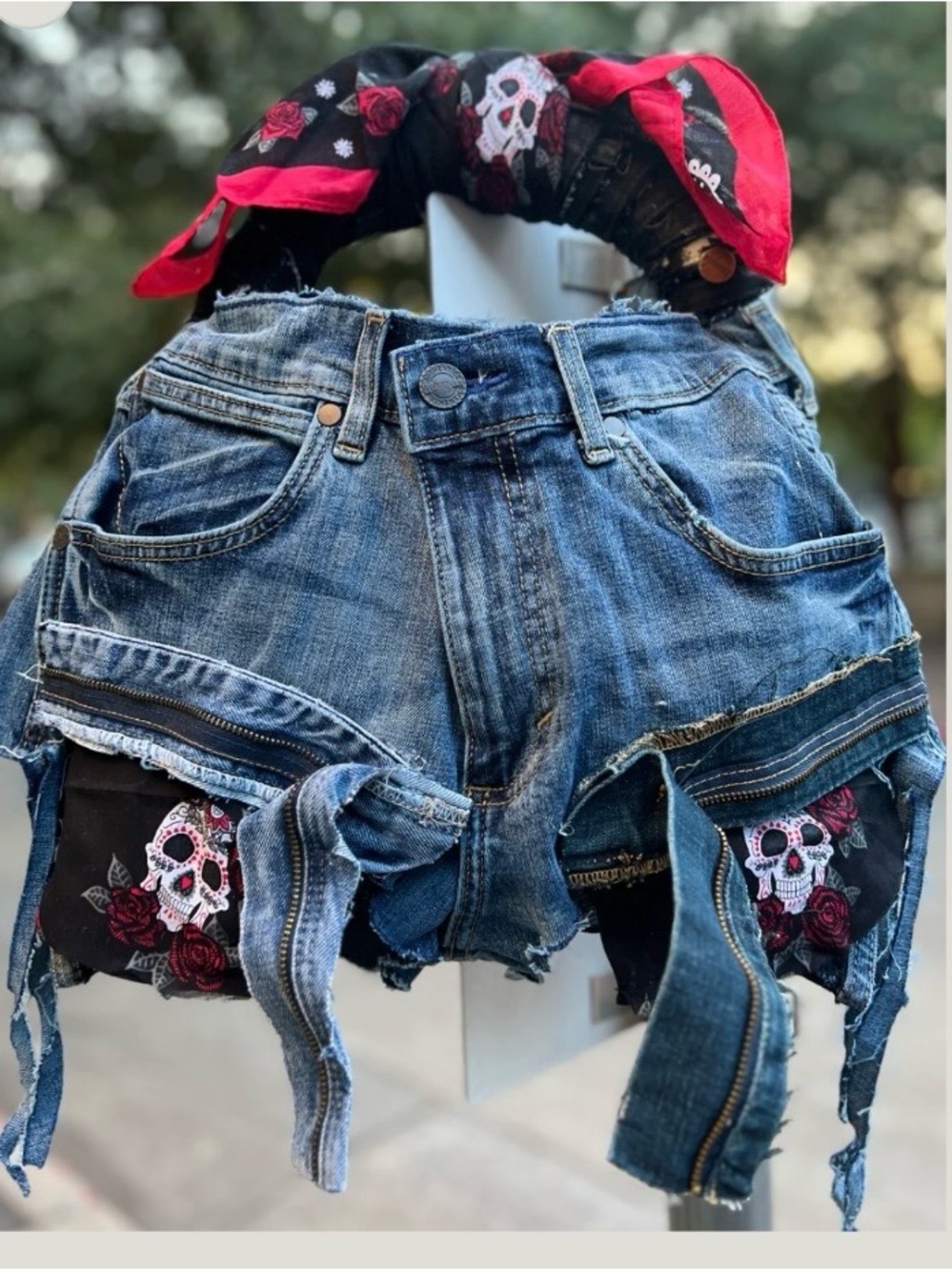 Upcycled Denim Skull Patch Purse with Bandana Detail